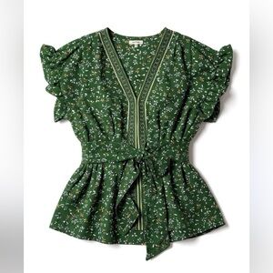 Max Studio Green Floral Blouse with Ruffle Sleeves